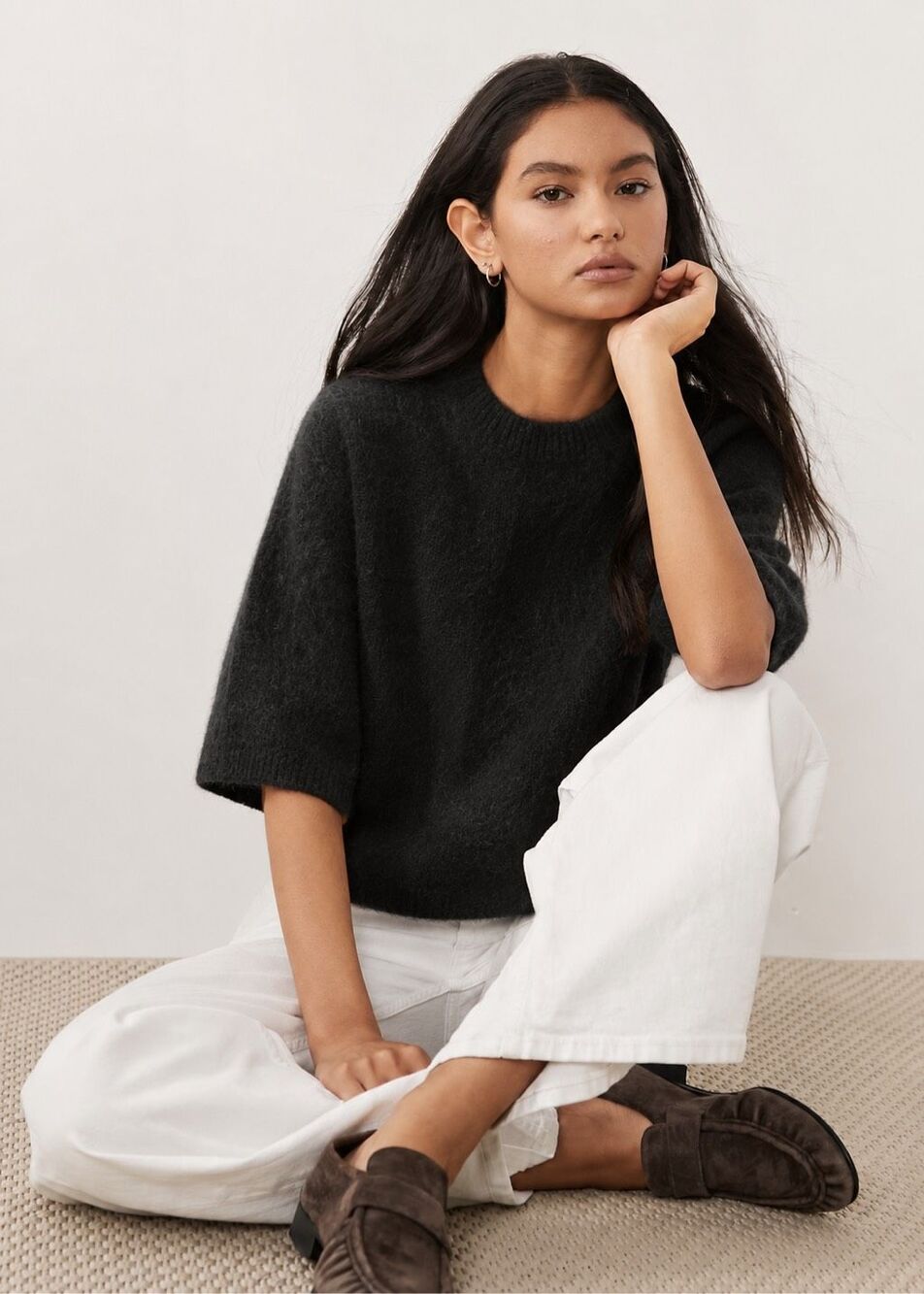 & Other Stories alpaca short sleeve knit jumper in black, XS E8
